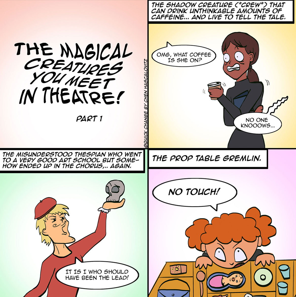 Four panel comic illustrating the magical creatures you meet in the theatre part 1